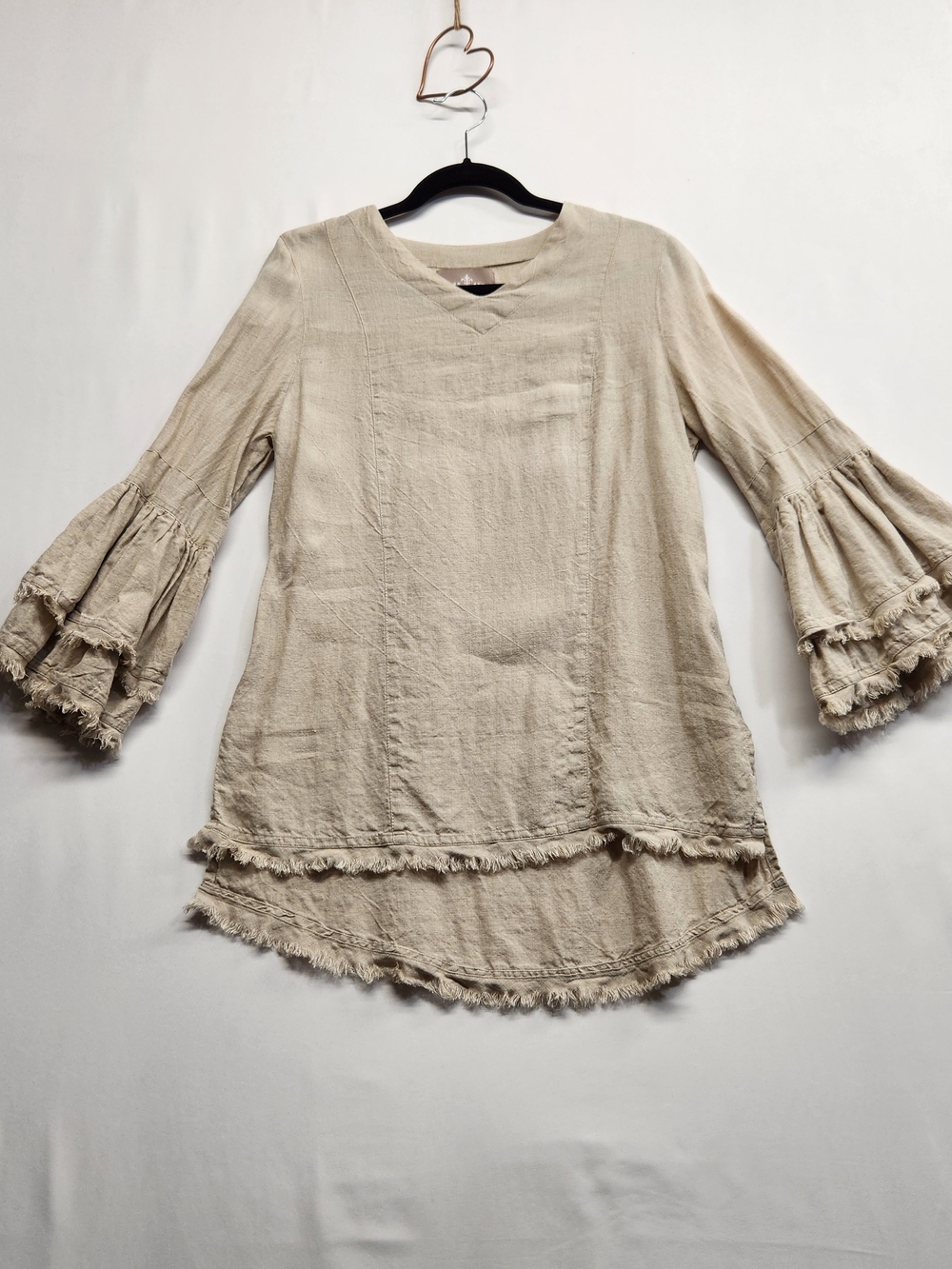 ⭐️Crown Linen Designs Bella Tunic Top S Beige Linen Frayed Bell Sleeve Boho